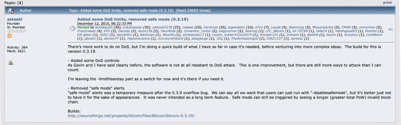 Bài đăng cuối cùng của Satoshi Nakamoto trên diễn đàn bitcointalk.org vào ngày 12 tháng 12 năm 2010.
