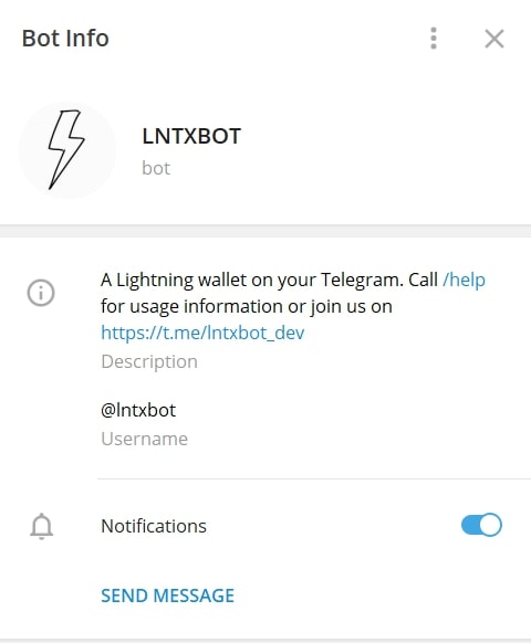 Open a Telegram chat with User @lntxbot