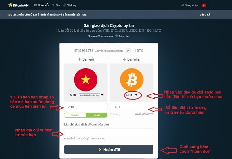 Các bước mua tiền điện tử trên BitcoinVN